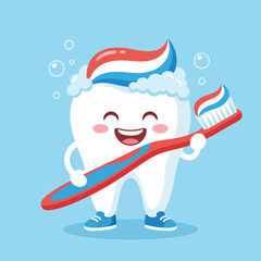 A joyful cartoon tooth character holding a toothbrush, conveying the importance of dental hygiene and the fun aspect of taking care of your teeth in an engaging way.
