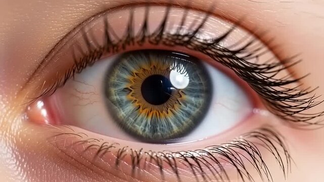 Close-up extreme macro shot of a human eye, showing intricate detail of the iris and pupil