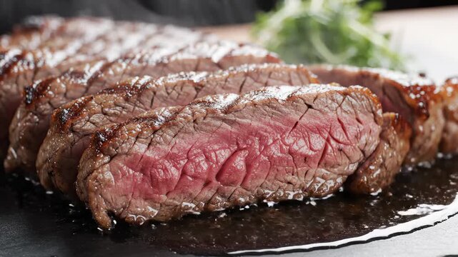 Juicy Sliced Steak With Medium Rare Center Served on a Dark Plate With Garnish