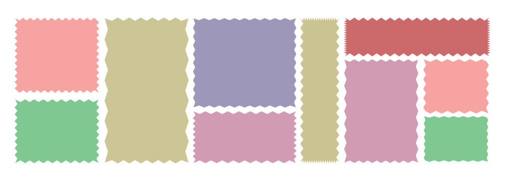 Colorful zigzag edges set. Silhouette stickers circle, square, oval and rectangle labels. Zigzag and colorful Shapes. Vector set colorful zigzag wavy edge frames.
