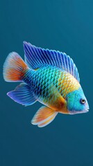 Fototapeta premium Vibrant tropical reef fish with iridescent blue scales and orange fins on teal background