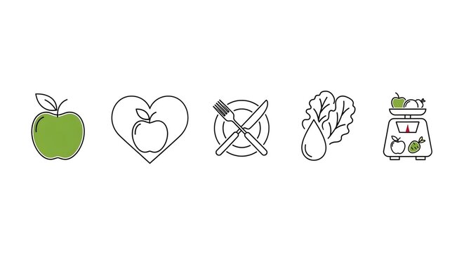 healthy food icon combo set with apple, heart, cross, garlic, and van