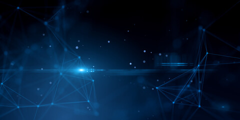 Abstract blue neon network lines and glowing points forming modern digital backdrop texture on dark...