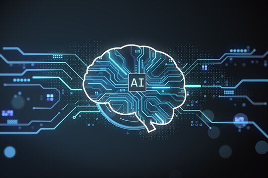 Neon brain circuit AI digital network design glowing with futuristic technology lines and data elements on dark tech background. 3D Rendering