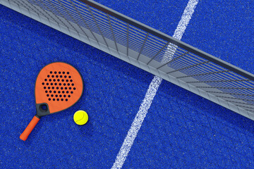 Fototapeta premium Padel racket and ball lying near net on vibrant blue court surface captured from above highlighting sport equipment and game setting. 3D Rendering