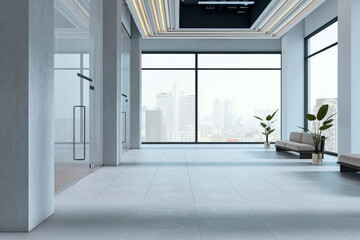Fototapeta premium Modern spacious office interior hallway with large windows, minimalist seating, glass doors, and cityscape view inside bright contemporary building. 3D Rendering