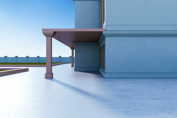 Fototapeta premium Minimalist outdoors building exterior with modern columns and open terrace under clear sky presenting clean architectural facade and balanced light concept. 3D Rendering