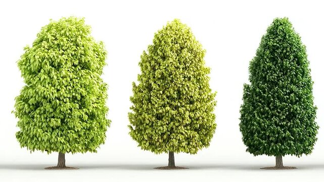 Three distinct deciduous trees with varying shades of green foliage stand against a clean white background