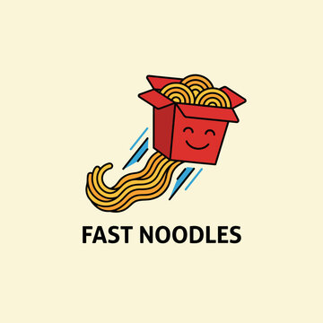 The logo features a happy noodle box with flowing noodles, designed to evoke joy and quick service in a fun and light-hearted manner for a noodle delivery brand.