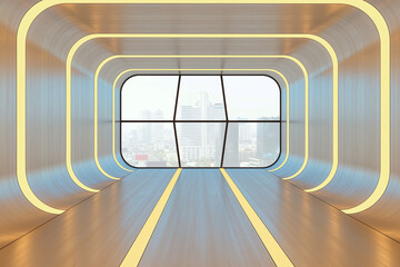 Fototapeta premium Futuristic illuminated corridor with curved walls and a large window overlooking a distant cityscape in a sleek modern hall interior design concept.. 3D Rendering