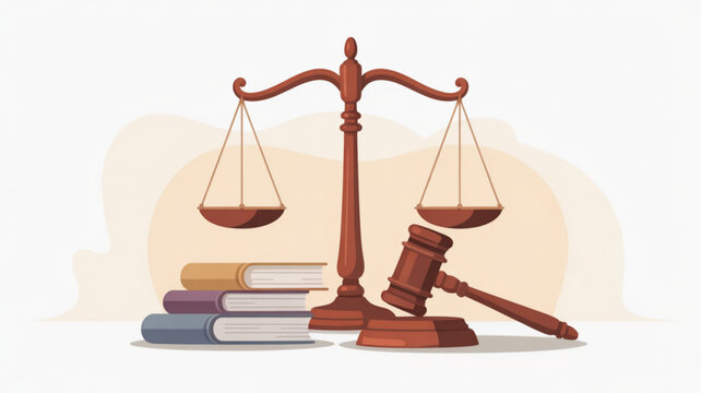 Justice scale with gavel and law books on a desk in a courtroom setting for legal or law concept