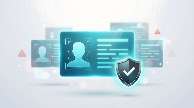 digital identity verification concept with blue glowing futuristic profile id card hologram secure data protection with shield icon and biometric facial recognition cyber security
