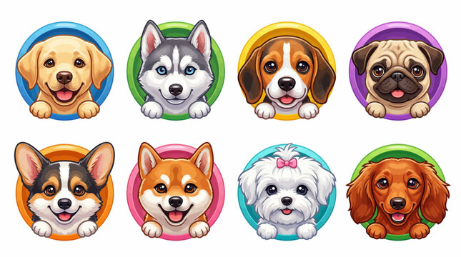 Adorable set of eight cartoon dog breed icons including Labrador, Husky, Beagle, Pug, Corgi, Shiba Inu, Maltese, and Spaniel in vibrant circular frames design.