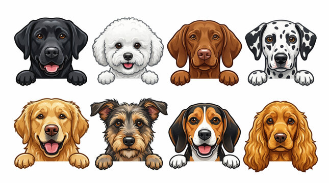 Adorable Cartoon Dog Breeds Peeking Over Edge Set with Labrador, Dalmatian, Golden Retriever, Beagle, and More. Perfect for Pet Care and Veterinary Graphics Art