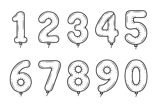 Number Balloon Line Art Clipart Set &mdash; 0 to 9 Birthday Doodle Balloon Digits 