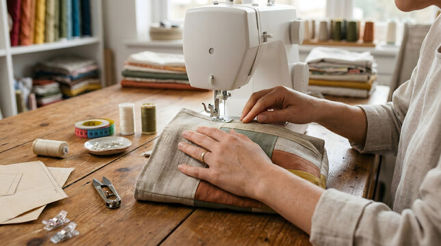 close up of woman hands sewing colorful fabric patchwork with modern electric sewing machine on wooden table in creative workshop studio with tailoring tools and thread spools