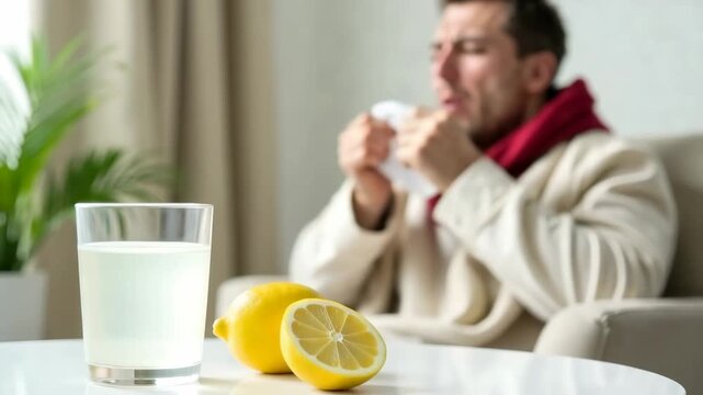 Glass of antipyretic medications for cold and flu in foreground with sick man sitting in chair at home. Healthcare and recovery concept of medicine, pharmacy, healthcare business