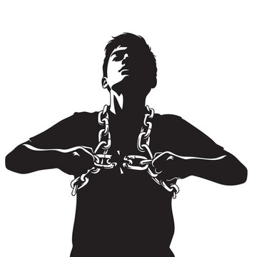 Silhouette of a young man breaking heavy chains symbolizing freedom and overcoming obstacles vector illustration on white background