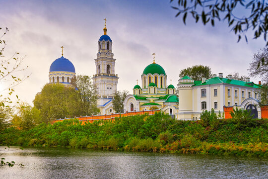 Panorama of the Tikhonova Pustyn Monastery in Dvortsy village at sunset, Kaluga region of Russia