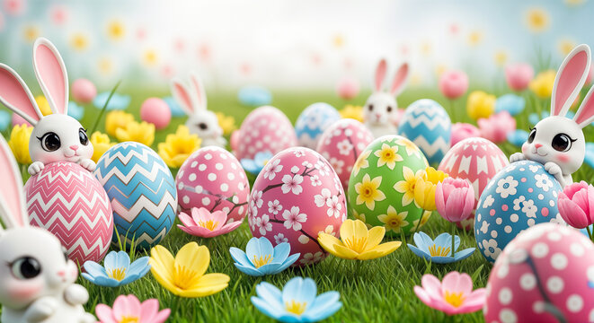 Ostern Hintergrund mit bunten Ostereiern und Hasen im Fr&uuml;hlingsgarten