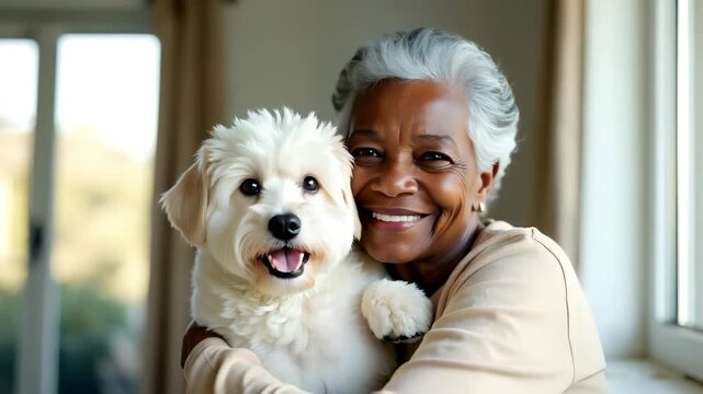 Senior black woman smiling while hugging white puppy, warm sunset light through large window, cozy home. Concept of pets care, elderly companionship, family