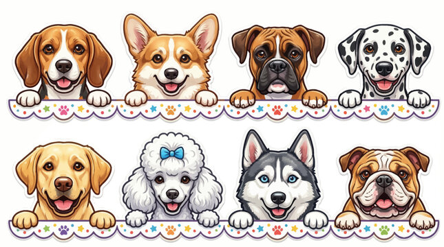 Cute Cartoon Dog Breed Faces Sticker Set featuring Beagle, Corgi, Boxer, Dalmatian, Retriever, Poodle, Husky, and Bulldog Peeking Over a Colorful Scalloped Border.