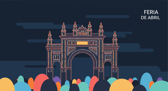 A stunning flat design illustration showcasing the iconic 'Alumbrao,' the grand illuminated entrance of the Feria de Abril, marking the start of the night festivities. 