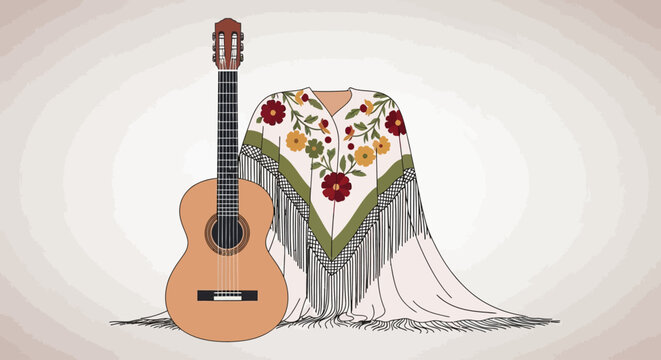 An artistic flat design illustration showcasing a flamenco guitar alongside a beautiful Mant&oacute;n de Manila, representing the music and traditional artistry of Andalusian culture during the Feria de Abri