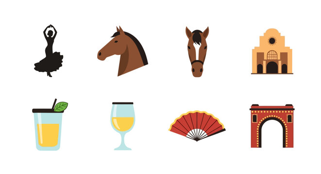 A versatile flat design icon set featuring essential symbols of the Feria de Abril, perfect for various digital and print applications. 