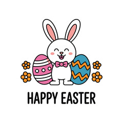 Fototapeta premium Cute cartoon bunny with Easter eggs and flowers greeting card