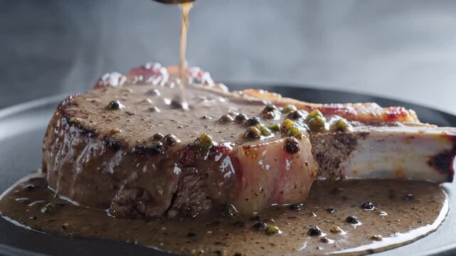 Juicy Tomahawk Steak Being Drizzled With Peppercorn Sauce on a Dark Plate