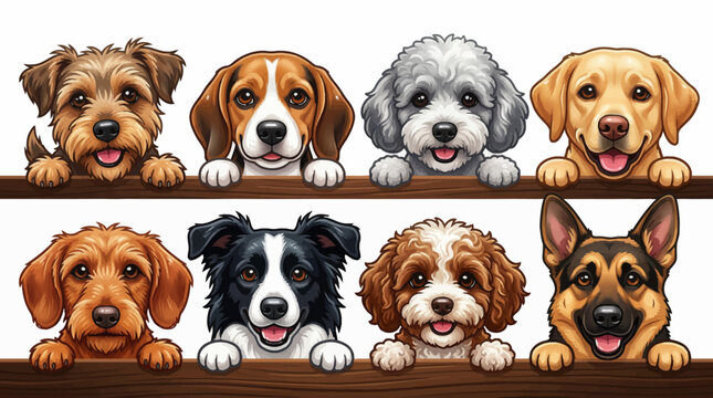 Adorable Cartoon Dogs of Various Popular Breeds Peeking Over a Wooden Ledge. Beagle, Poodle, Golden Retriever, German Shepherd, Border Collie, Happy Puppies.
