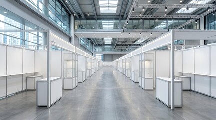 Obraz premium Spacious, contemporary exhibition venue featuring numerous pristine white modular booths and display stands, perfectly prepared for an upcoming trade fair or professional conference in a grand hall