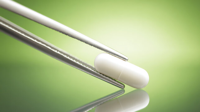 Precise Handling of a White Capsule by Tweezers on a Reflective Green Surface, Illustrating Pharmaceutical Research and Development