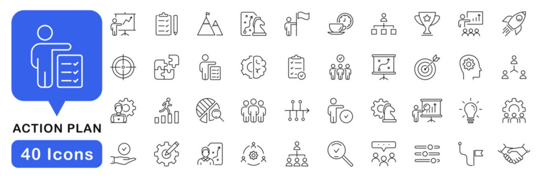 Action plan icon set. Business strategy icons in line style. Editable web icons for strategy, planning, analysis, collaboration, and action. Vector illustration.