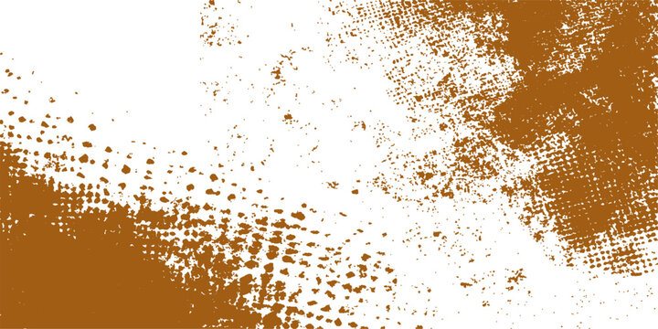 Abstract grunge background with bubbles and circles features a brown textured pattern of old paint splashes, ink drops, and gold metal art on a dirty paper wall backdrop