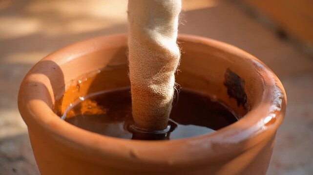 Close up of plant stem wrapped in burlap in a pot with