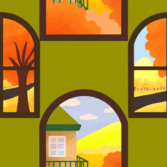 Fototapeta premium Autumn Scenery Through Window Illustration 