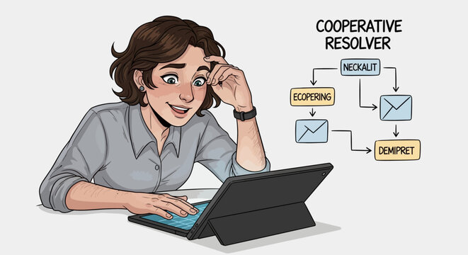 Business woman using tablet with cooperative resolver flowchart