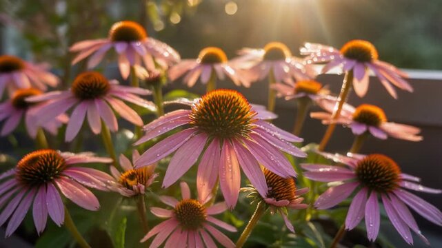 Pink coneflowers with morning dew drops bathed in golden sunlight