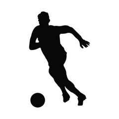 Obraz premium Soccer player silhouette running with ball, football athlete in action vector illustration, sports and fitness concept.