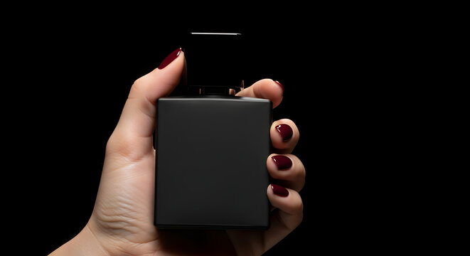 This image features a matte black, rectangular perfume bottle held by a hand with deep burgundy or wine-colored manicured nails, set against a solid black background. 