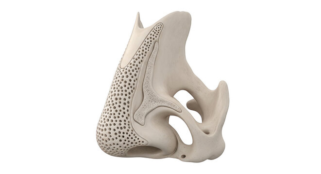 Detailed view of a human sphenoid bone from a lateral perspective isolated on transparent background