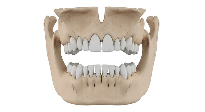 Dental model showing upper and lower teeth with braces alignment system isolated on transparent background