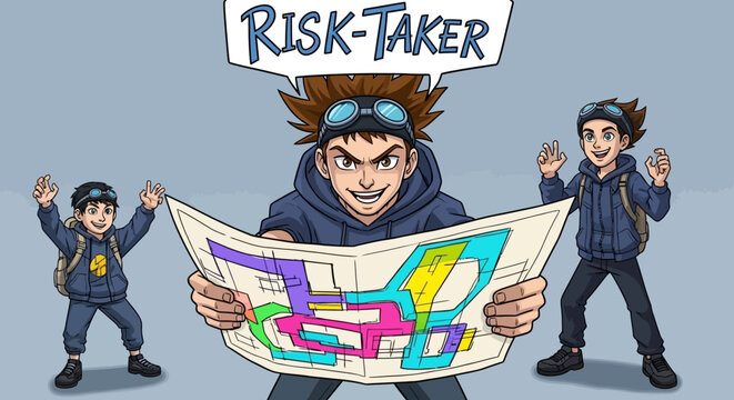Risk taker man holding map with friends cartoon style