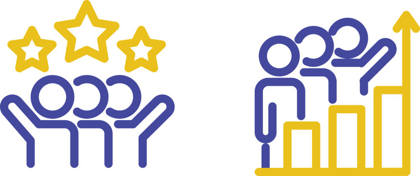 Illustrations of teamwork and recognition with climbing success and applause icons
