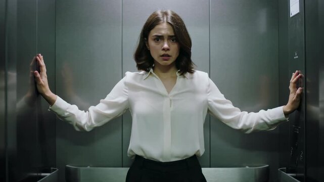 Young woman in elevator, office manager trapped, hands pressed on metal walls, tense worried expression, dim cool lighting, stainless steel cabin, emergency panel, closeup portrait conveying panic