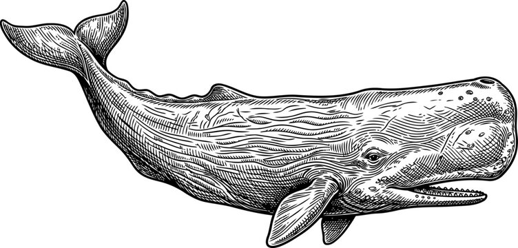 Sperm whale swimming in deep ocean engraving