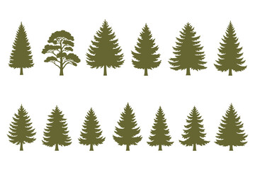 Obraz premium A collection of various green tree silhouettes, including pine, fir, and spruce, suitable for graphic design projects.