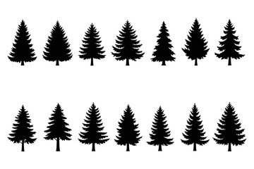 Obraz premium A collection of various black silhouette pine trees and Christmas trees on a white background, showcasing different shapes and sizes of evergreen conifers.